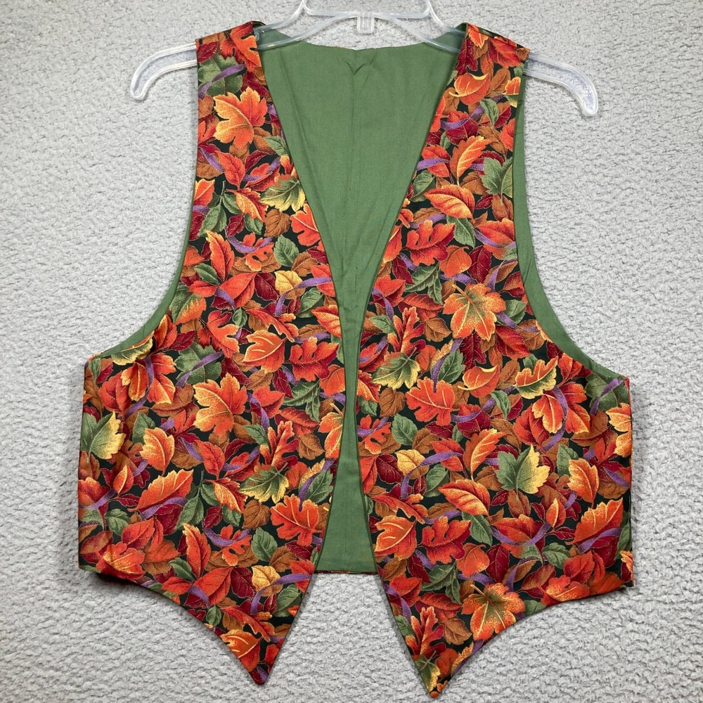Handmade Reversible Vest Women Medium Multicolor Autumn Leaf Print Olive Green